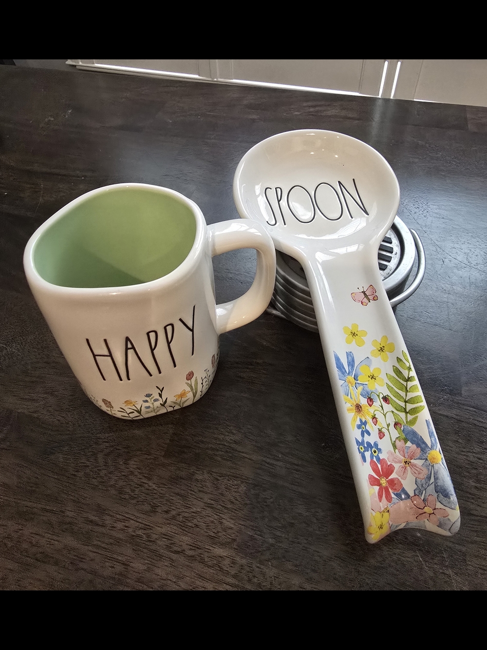 Rae Dunn White Mug with Green Interior and Floral Spoon Rest